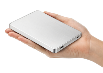 hand holding External hard drive isolated on a transparent background.