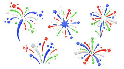 3d firework. Festive party day, national celebrate star or child birthday and wedding, memorial fire. Art decoration, confetti composition, firecracker icon. Vector glossy render isolated set