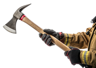 hand holding Fire Axe isolated on a transparent background.