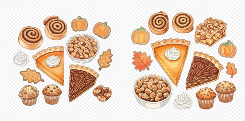 Autumn harvest desserts with pumpkin pie, pecan pie, cinnamon rolls, and muffins.