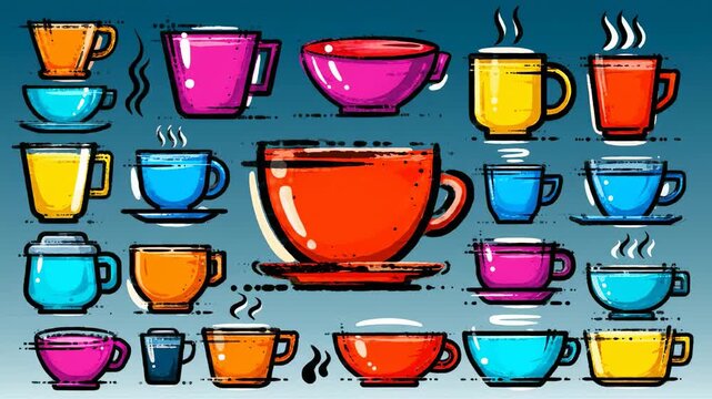 Colorful and outlined cartoon-style mugs in various hues, arranged against a blue gradient backdrop, some steaming with hot contents