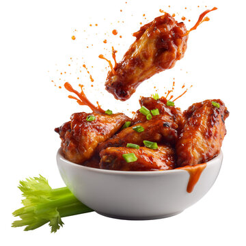 Chicken Wing Flying Out of White Bowl with Sauce - Action Food Isolated on Transparent Background