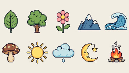 A charming collection of pixel art icons depicting various natural elements and whimsical weather phenomena, ideal for game development, digital interfaces, or environmental-themed design projects