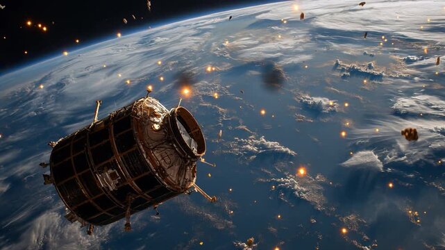 A satellite travels in low Earth orbit surrounded by space debris and fragments. Earth is visible below with clouds and blue oceans. Sunlight illuminates the scene