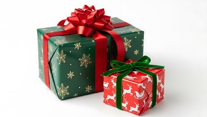 Beautifully wrapped christmas gifts with red and green ribbon