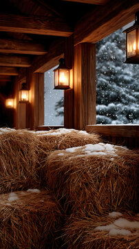 Rustic barn interior winter snow hay bale warm lantern light wooden wall snowfall window cozy farm snow covered hay countryside winter wooden beam evening glow Serene rustic barn interior winter