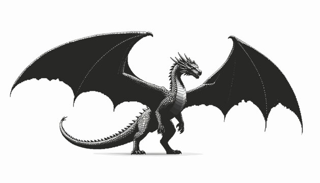 Monochrome illustration of a powerful fantasy dragon with majestic widespread wings, showcasing detailed scales and a formidable presence, embodying mythical strength and ancient lore