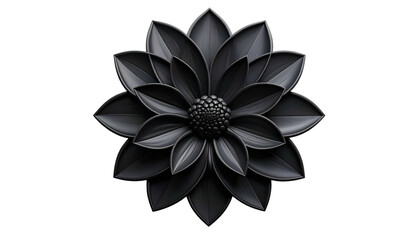 A symmetrical, stylized, dark gray flower with layered petals and central detail against black