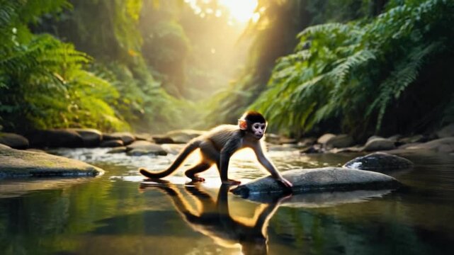 A small monkey walking on rocks in a stream surrounded by lush green foliage and bright sunlight monkey video