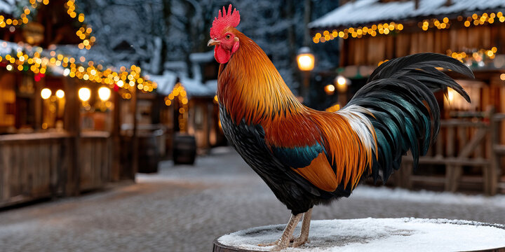 Rooster colorful feather winter snow holiday light wooden house rural village festive farm animal night scene Rooster with colorful feather stands proudly snowy barrel winter rural village - Powered by Adobe
