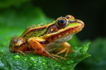 Obraz premium A frog rests on a green leaf covered in water droplets in an outdoor setting during daylight