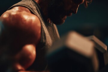 A man is lifting dumbbells in a gym during the evening. He is focused on his strength training routine