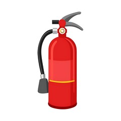 Obraz premium Flat vector illustration of a red fire extinguisher with a black hose and yellow band, symbolizing safety.