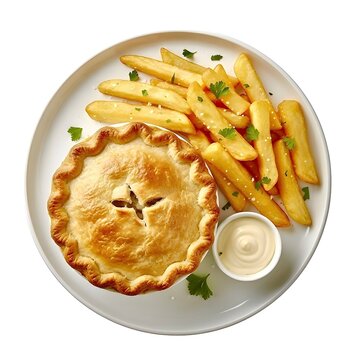 Chicken pie and chips on a plate