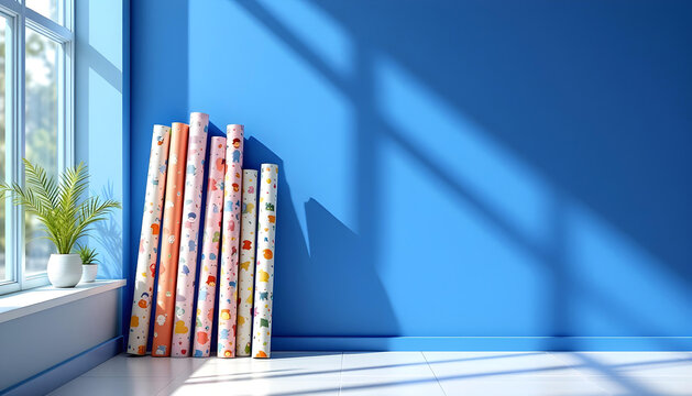 Wrapping paper rolls leaning against wall in store room