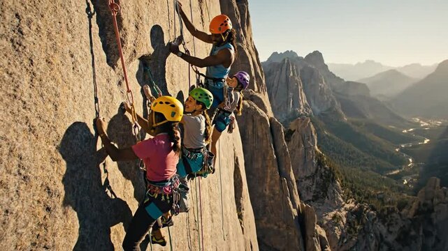Rock climbers scaling a steep cliff face with stunning mountain views in the background.
