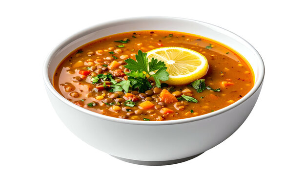 A hearty lentil soup in a white bowl, garnished with lemon and parsley