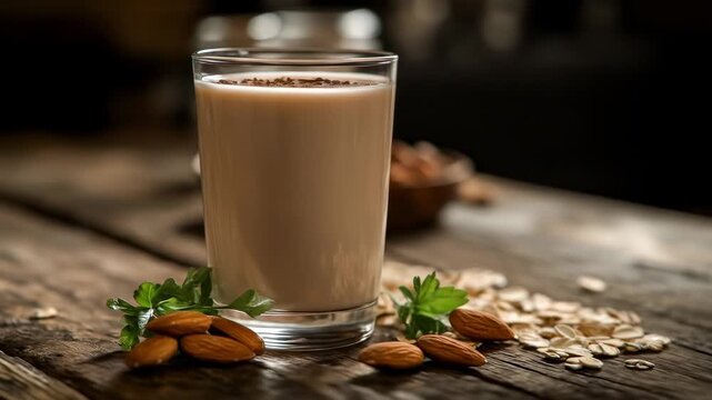 Glass of almond milk, almonds, oats and leaves on rustic wood surface