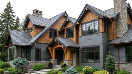 Modern multi-story wooden residential house with dark gray accents and