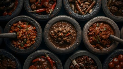 Rustic array of delectable stews and savory dishes in dark earthen bowls