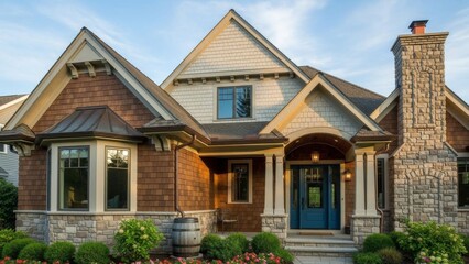 Charming suburban house with diverse architectural styles and lush landscaping