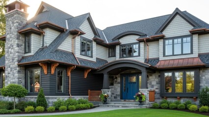 Obraz premium Luxury modern mansion with intricate architectural details and lush front yard