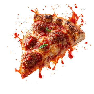 Flying Meatball Pizza Slice with Sauce Splashes - Action Food Isolated on Transparent Background