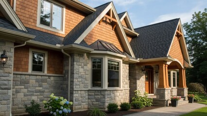 Elegant suburban house featuring stone and wood exterior with gabled roof