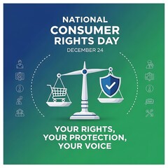 Fototapeta na wymiar National Consumer Rights Day Awareness Concept with Justice Balance