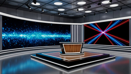 A contemporary and technologically advanced news broadcast studio featuring a central wooden desk on a raised platform, surrounded by large, curved LED screens displaying vibrant abstract graphics