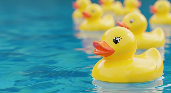 A close-up view of a bright yellow rubber duck floating in clear blue water, with a blurred line of other ducks in the background. - Powered by Adobe