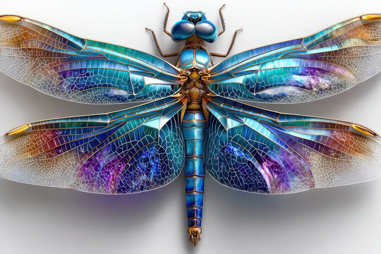 Stunning close-up of a vibrant blue dragonfly with colorful wings on a light background - Powered by Adobe