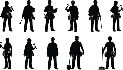 Construction worker silhouettes, black vector, tool belt, hard hat, manual labor, handyman icons, industrial tasks, shovel, hammer, rake, clipboard, standing pose, occupational roles