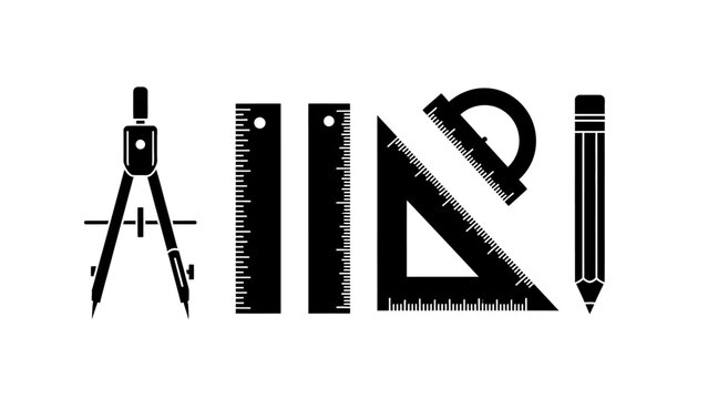Engineering and drafting tools including compass, rulers, protractor, and pencil