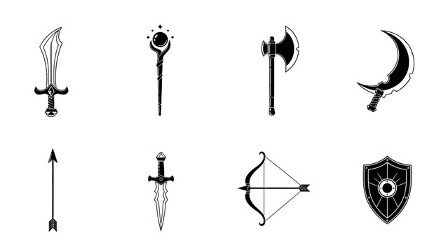 Fantasy weapon icons including sword axe bow shield and magic staff