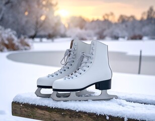 A pair of white ice skates rest on a snowy bench, with a frozen pond and winter trees