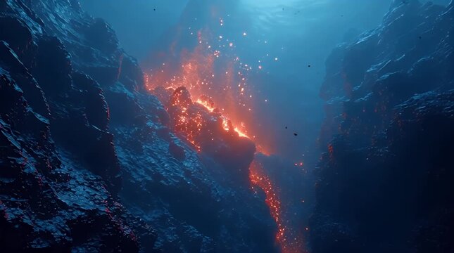 Underwater Volcanic Vent with Glowing Lava Plumes and Deep Sea Blue Light