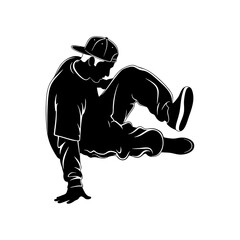 The silhouette of a young man dancing on white background