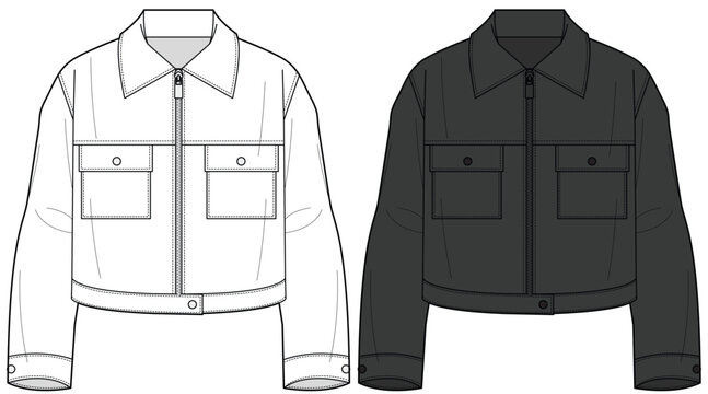 boxy zipped blouson jacket flat sketch vector illustration technical cad drawing template