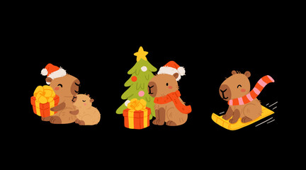 Cute Christmas capybara sticker set. funny cozy holiday vector illustration with Santa capybara, snowman, gifts, tree, wreath and hot cocoa. adorable kawaii animal collection for print and design