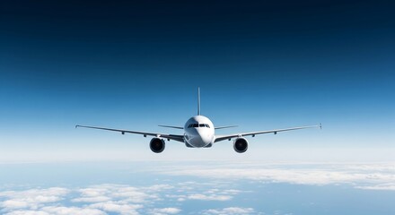 Obraz premium A large commercial passenger airplane flying high in a clear blue sky with white clouds below, seen from the front.