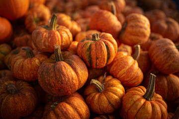 A close-up, shallow depth-of-field shot of a large pile of small, bumpy, bright orange pumpkins and gourds, suggesting a fall harvest or market scene.