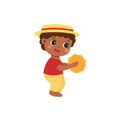 Cute Kawaii Carnival Boy Playing Tambourine Vector Illustration