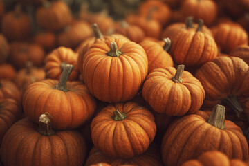 A close-up, shallow depth-of-field shot of a large pile of small, bumpy, bright orange pumpkins and gourds, suggesting a fall harvest or market scene.