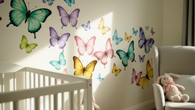 Butterfly Wall Decals in Nursery With Crib and Stuffed Animal, Interior Design