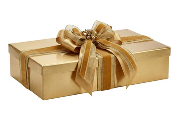 Elegant golden gift box with a shimmering ribbon and decorative bow for special occasions
