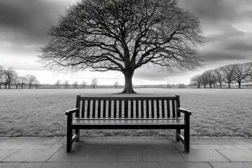 Empty black park bench beneath a bare tree in monochrome