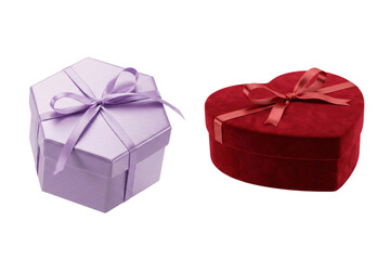 Elegant purple hexagonal and red velvet heart-shaped gift boxes with ribbons, perfect for special occasions