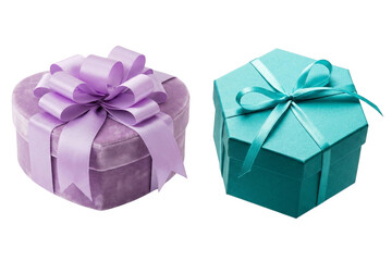 Elegant heart-shaped purple velvet and teal hexagonal gift boxes for special occasions