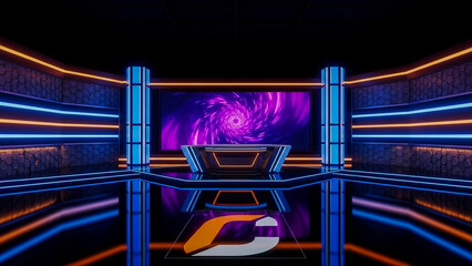 A hightech esports broadcast studio featuring sleek architecture, vibrant neon blue and orange lighting, a central presentation desk, and a large screen with a mesmerizing purple vortex graphic. The